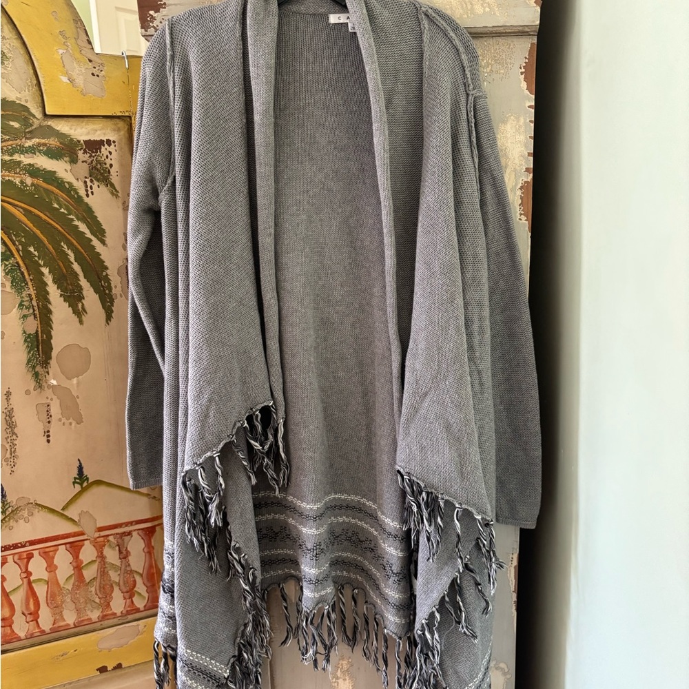 CAbi Gray Fringe Open-Front Cardigan